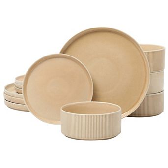 Gibson Elite Solana Coast 12 pc Stoneware Reactive Plates and Bowls Modern Embossed Dinnerware Set