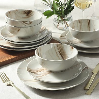 Gibson Home Cloudlight 12 Piece Plates and Bowls Dishes Decorated Porcelain Ceramic Dinnerware Set