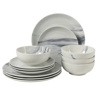 Gibson Home Cloudlight 12 pc Plates and Bowls Dishes Decorated Porcelain Ceramic Dinnerware Set