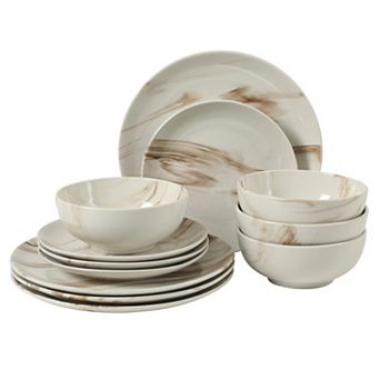 Gibson Home Cloudlight 12 pc Plates and Bowls Dishes Decorated Porcelain Ceramic Dinnerware Set