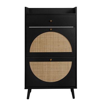 Rattan 2-Door 1-Drawer Shoe Cabinet for Entrance, Black Particle Board, Double Layer Storage