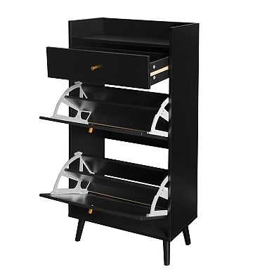 Rattan 2-Door 1-Drawer Shoe Cabinet for Entrance, Black Particle Board, Double Layer Storage
