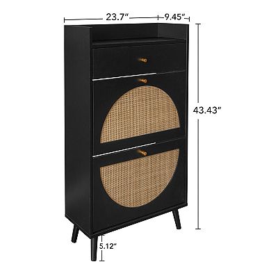 Rattan 2-Door 1-Drawer Shoe Cabinet for Entrance, Black Particle Board, Double Layer Storage