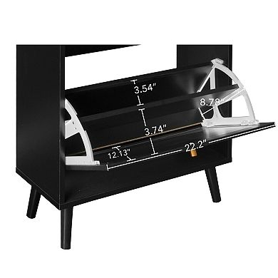 Rattan 2-Door 1-Drawer Shoe Cabinet for Entrance, Black Particle Board, Double Layer Storage