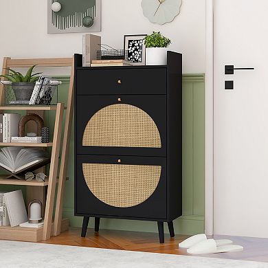 Rattan 2-Door 1-Drawer Shoe Cabinet for Entrance, Black Particle Board, Double Layer Storage