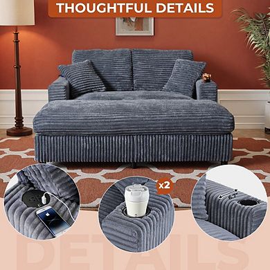 65" Oversized Indoor Chaise Lounge Chair with Pillows & 2 Cup Holders, Comfy Corduroy Recliner