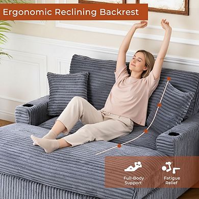 65" Oversized Indoor Chaise Lounge Chair with Pillows & 2 Cup Holders, Comfy Corduroy Recliner