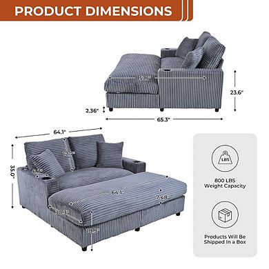 65" Oversized Indoor Chaise Lounge Chair with Pillows & 2 Cup Holders, Comfy Corduroy Recliner