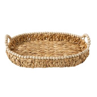 Gibson Home 17 Inch Woven Decorative Serving Tray Natural Water Hyacinth with Wood Bead Trim