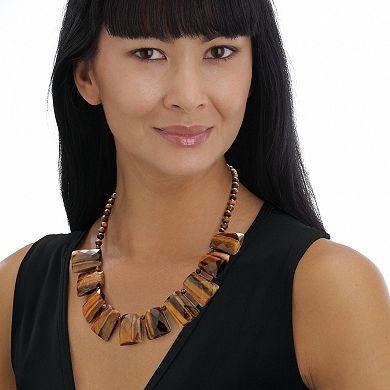 Genuine Tiger's-Eye Silvertone Rectangle Fringe Necklace and Bracelet Set 18"