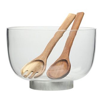 Gibson Elite Wildgreens Large Glass Salad Bowl Set with Marble Base and Acacia Utensils