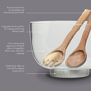 Gibson Elite Wildgreens Large Glass Salad Bowl Set with Marble Base and Acacia Utensils