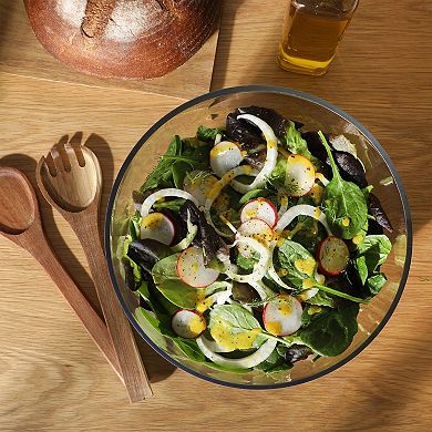 Gibson Elite Wildgreens Large Glass Salad Bowl Set with Marble Base and Acacia Utensils