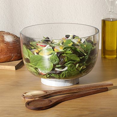 Gibson Elite Wildgreens Large Glass Salad Bowl Set with Marble Base and Acacia Utensils