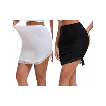 2 Packs Women's Curved Slit Lined Lace Trim Half Slip Modal High Waist Knee Length Underskirt
