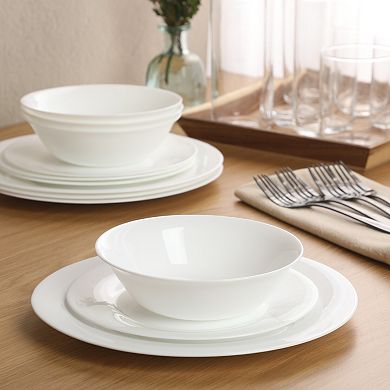 Gibson Home Vanilla Hills 12 Piece Opal Glass Dinnerware Set for 4 Chip Resistant Round White
