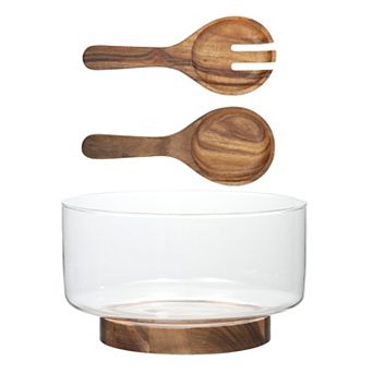 Gibson Elite Farm Favorites Large Glass Salad Bowl Set with Acacia Base and Serving Utensils