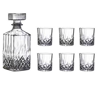 25 oz Vintage Style Glass Whiskey Decanter Set with Stopper - Includes 6 Glasses (7.4 oz)