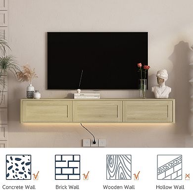 Trikiousd Floating TV Stand with LED Lights and Power Outlet, Wall-Mounted Cabinet