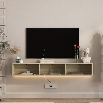 Trikiousd Floating TV Stand with LED Lights and Power Outlet, Wall-Mounted Cabinet