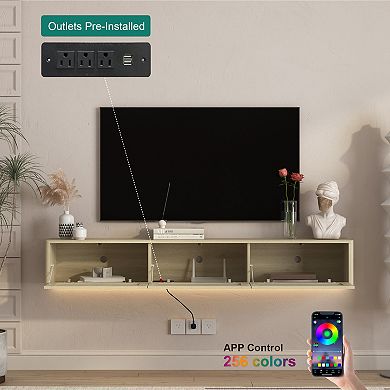 Trikiousd Floating TV Stand with LED Lights and Power Outlet, Wall-Mounted Cabinet