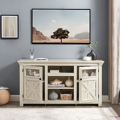 Trikiousd Farmhouse TV Stand with 2-Door Cabinet, Barn Style Media Console
