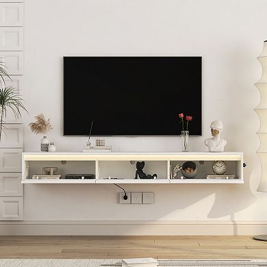 Trikiousd Floating TV Stand with LED Lights and High Gloss Wall-Mounted Cabinet