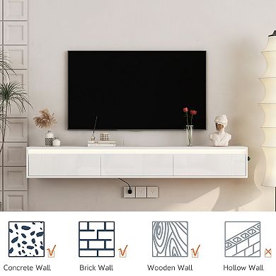 Trikiousd Floating TV Stand with LED Lights and High Gloss Wall-Mounted Cabinet
