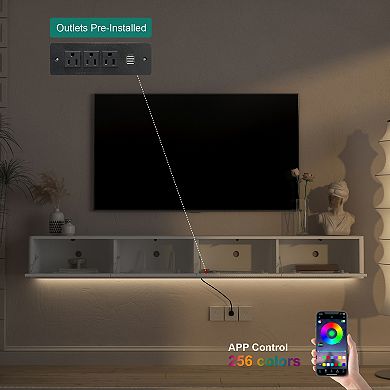 Trikiousd Floating TV Stand with LED Lights and Power Outlet, Wall-Mounted Cabinet