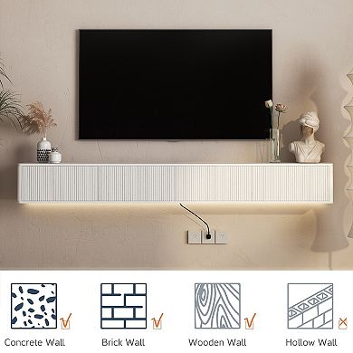 Trikiousd Floating TV Stand with LED Lights and Power Outlet, Wall-Mounted Cabinet