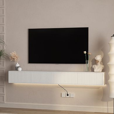 Trikiousd Floating TV Stand with LED Lights and Power Outlet, Wall-Mounted Cabinet