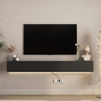 Trikiousd Floating TV Stand with LED Lights and Power Outlet, Wall-Mounted Cabinet