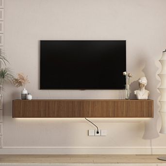 Trikiousd Floating TV Stand with LED Lights and Power Outlet, Wall-Mounted Cabinet
