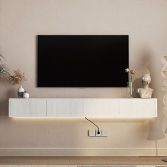 Trikiousd Floating TV Stand with LED Lights and Power Outlet, Wall-Mounted Cabinet