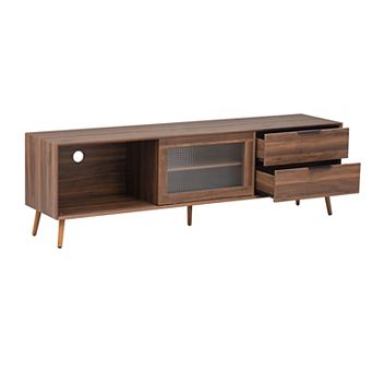 Trikiousd 70.8 Inch Mid-Century TV Stand with Walnut Wood Grain, Glass Sliding Doors & Drawers