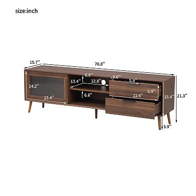 Trikiousd 70.8 Inch Mid-Century TV Stand with Walnut Wood Grain, Glass Sliding Doors & Drawers