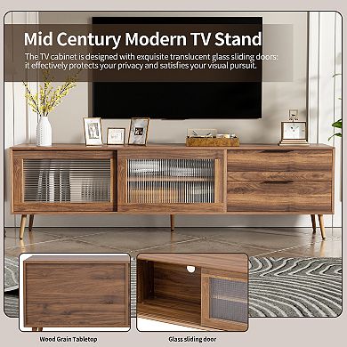 Trikiousd 70.8 Inch Mid-Century TV Stand with Walnut Wood Grain, Glass Sliding Doors & Drawers