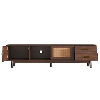 Trikiousd 70.86 Inch Mid Century Modern TV Stand for 80" TVs, Rattan Sliding Doors & Drawers Storage