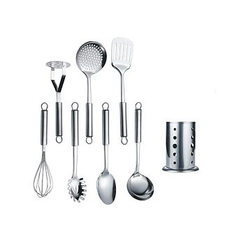 Zoulao 8 pc Stainless Steel Cooking Utensil Set with Stand, Includes Turner, Ladle, Spoons.