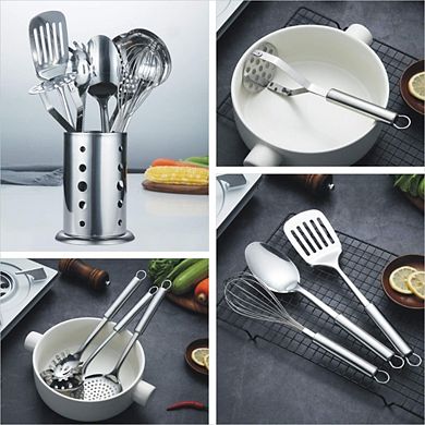 Zoulao 8-Piece Stainless Steel Cooking Utensil Set with Stand, Includes Turner, Ladle, Spoons.