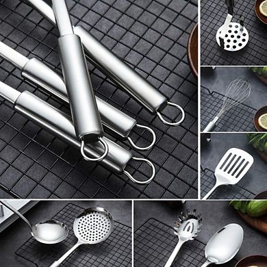 Zoulao 8-Piece Stainless Steel Cooking Utensil Set with Stand, Includes Turner, Ladle, Spoons.
