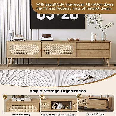 Trikiousd 70.8 Inch Boho TV Stand for 80 Inch TVs with Rattan-like Design, Drawer & Storage Cabinets