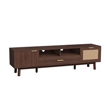 Trikiousd 66.9 Inch Wood TV Stand for 75" TVs, Soft-Close & Drop-Down Doors, Solid Wood Legs