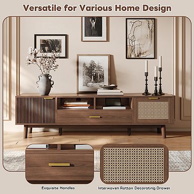 Trikiousd 66.9 Inch Wood TV Stand for 75" TVs, Soft-Close & Drop-Down Doors, Solid Wood Legs