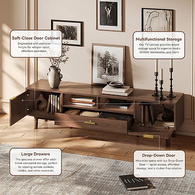 Trikiousd 66.9 Inch Wood TV Stand for 75" TVs, Soft-Close & Drop-Down Doors, Solid Wood Legs