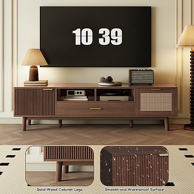 Trikiousd 66.9 Inch Wood TV Stand for 75" TVs, Soft-Close & Drop-Down Doors, Solid Wood Legs