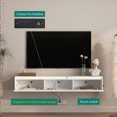 Trikiousd Floating TV Stand with LED Lights and Power Outlet, Wall-Mounted TV Cabinet