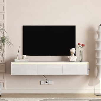 Trikiousd Floating TV Stand with LED Lights and Power Outlet, Wall-Mounted TV Cabinet