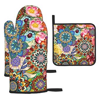 Floral Oven Mitt and Pot Holder Set Heat-Resistant Pads