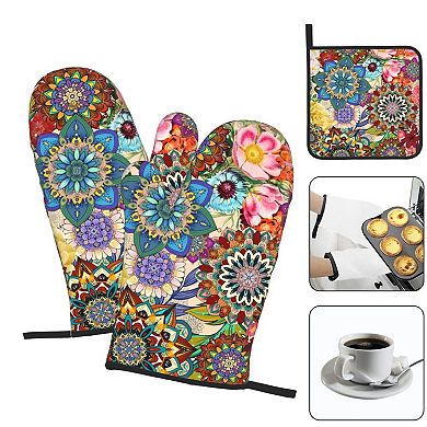 Floral Oven Mitt and Pot Holder Set Heat-Resistant Pads